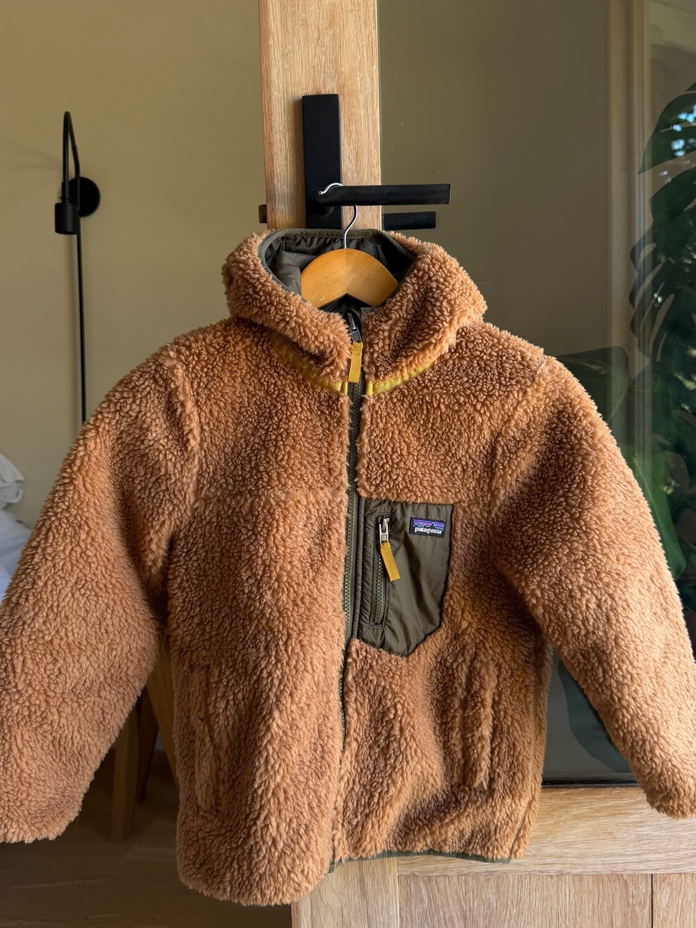 Patagonia Kids Brown Sherpa Fleece Jacket with Olive Trim reversible